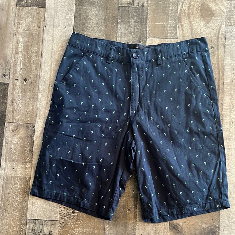 Public record , Navy Shorts with Green‎ Palm Tree Print